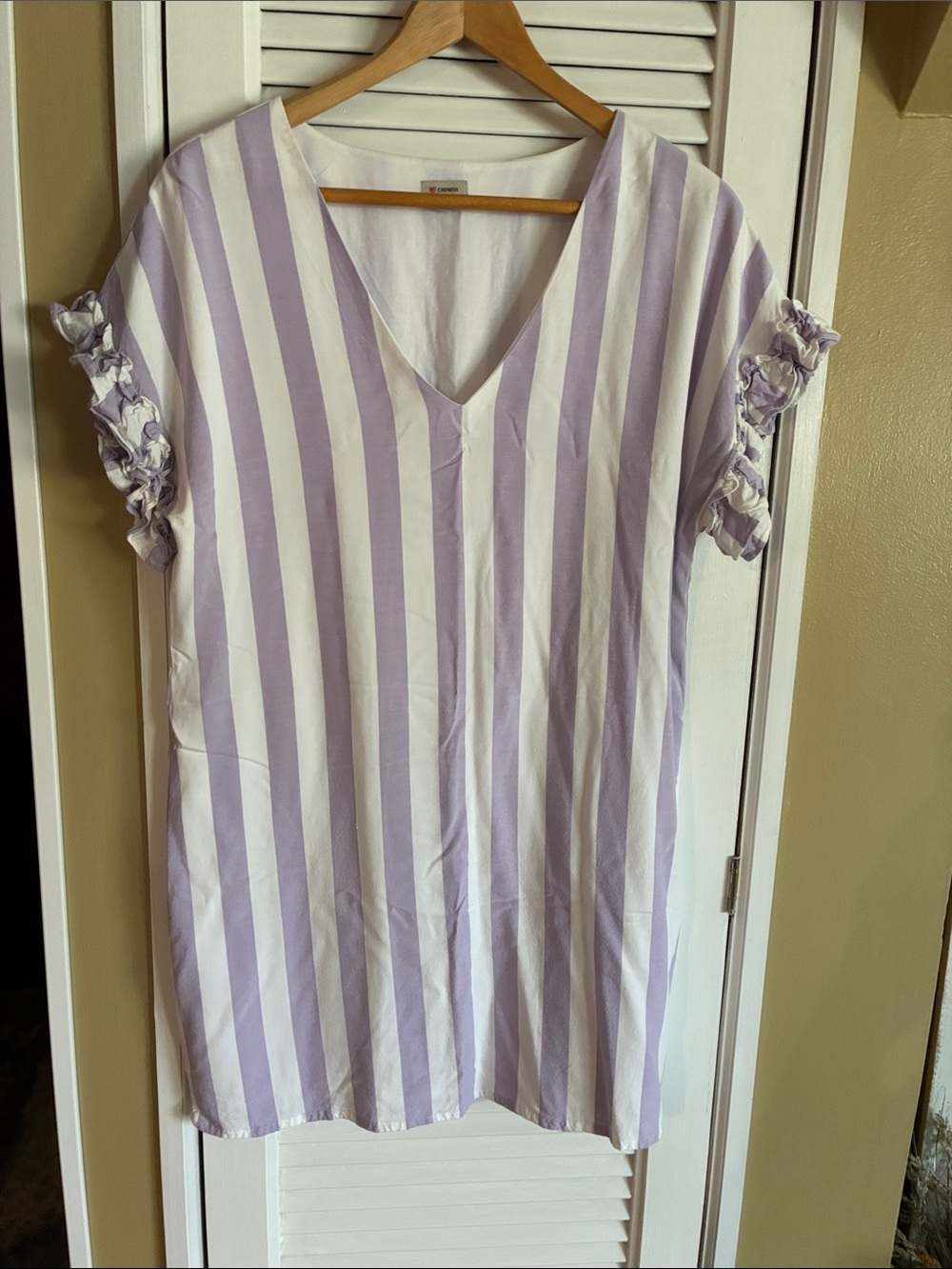 Daniel Cremieux Lavender & White Vertical Stripe Midi Dress with Ruffle Sleeves